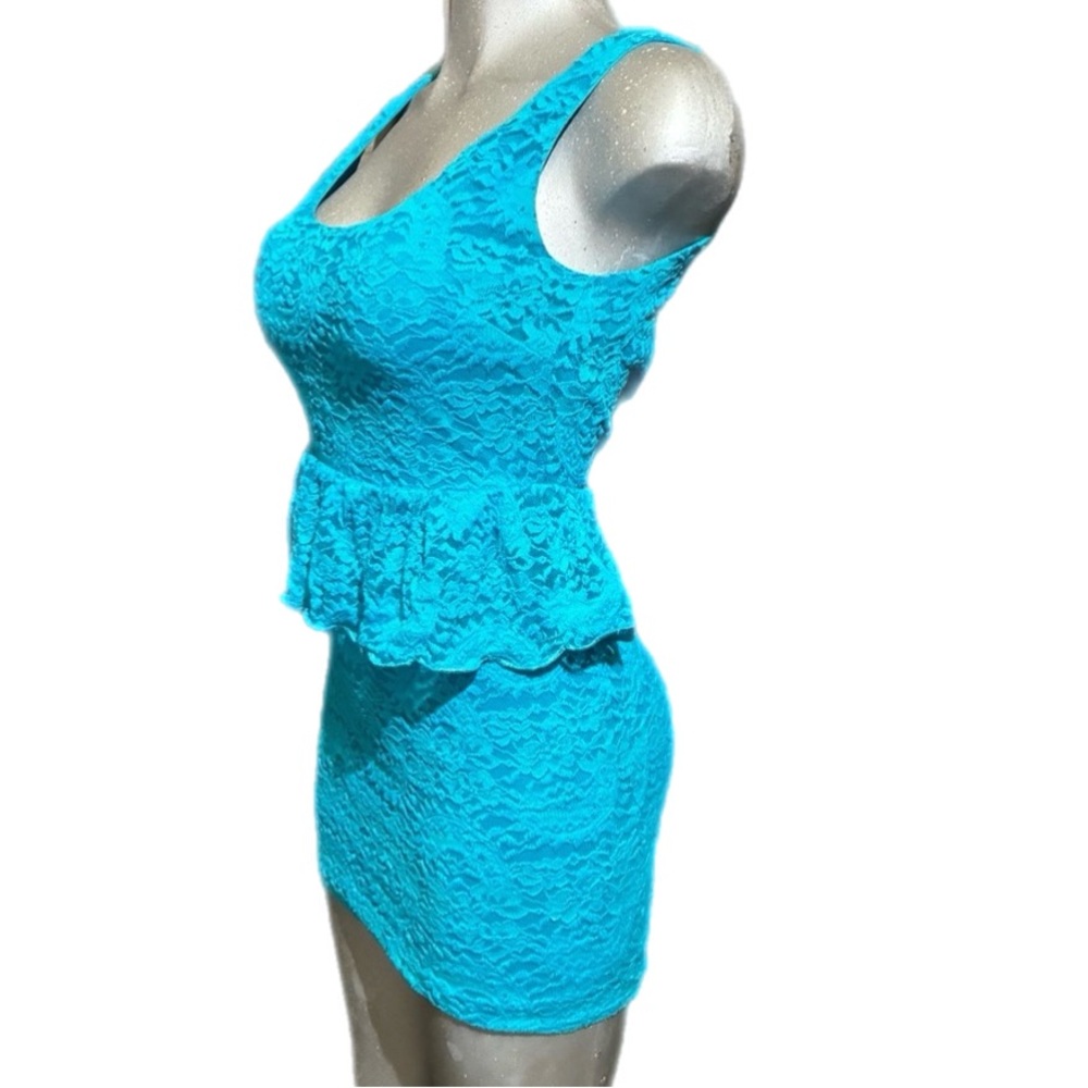 Y2K Flying Tomato Bodycon Peplum Bodycon Mini Dress Sz Small Chic Lace Aqua Blue